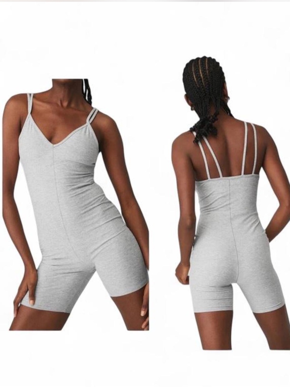 Alo Yoga Alosoft Suns Out Onesie Athleisure Grey V Neck Biker One Piece Woman M